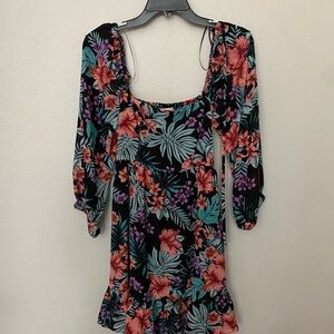 Lost + Wander Black Floral Long-Sleeve Mini Dress with Coral & Teal Accents